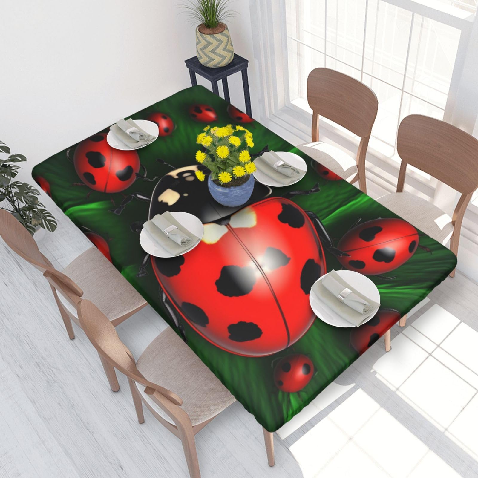 DCARSETCV Red Ladybug Printed 4FT Waterproof Tablecloth with Elastic Edged Protect & Decor Your Table, Oil-proof Washable Table Cloth Cover for Dinner Picnic Party