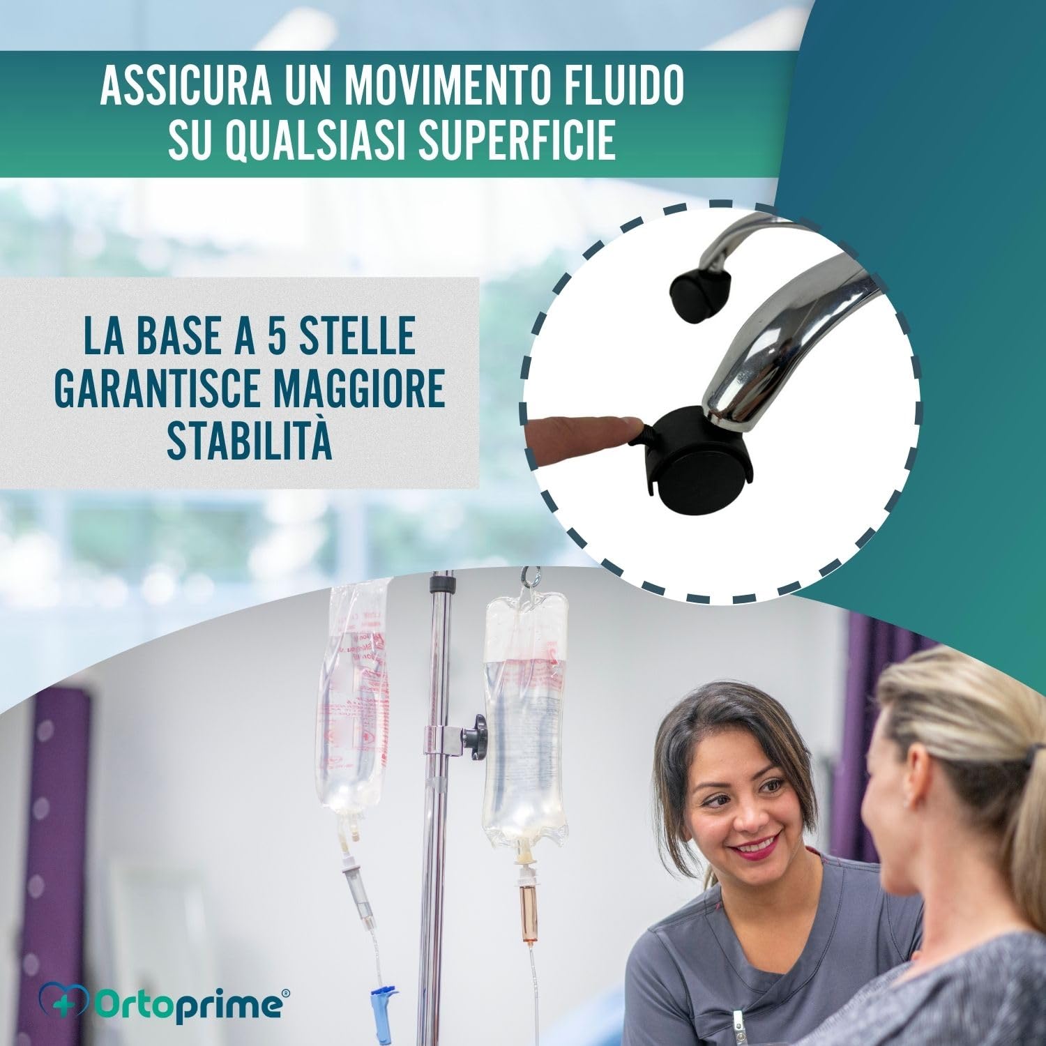 OrtoPrime Porta flebo regolabile in acciaio inox – Supporto per flebo con 4 ganci – Porta siero con ruote silenziose – Supporto flebo tripode portatile professionale per uso ospedaliero e domestico