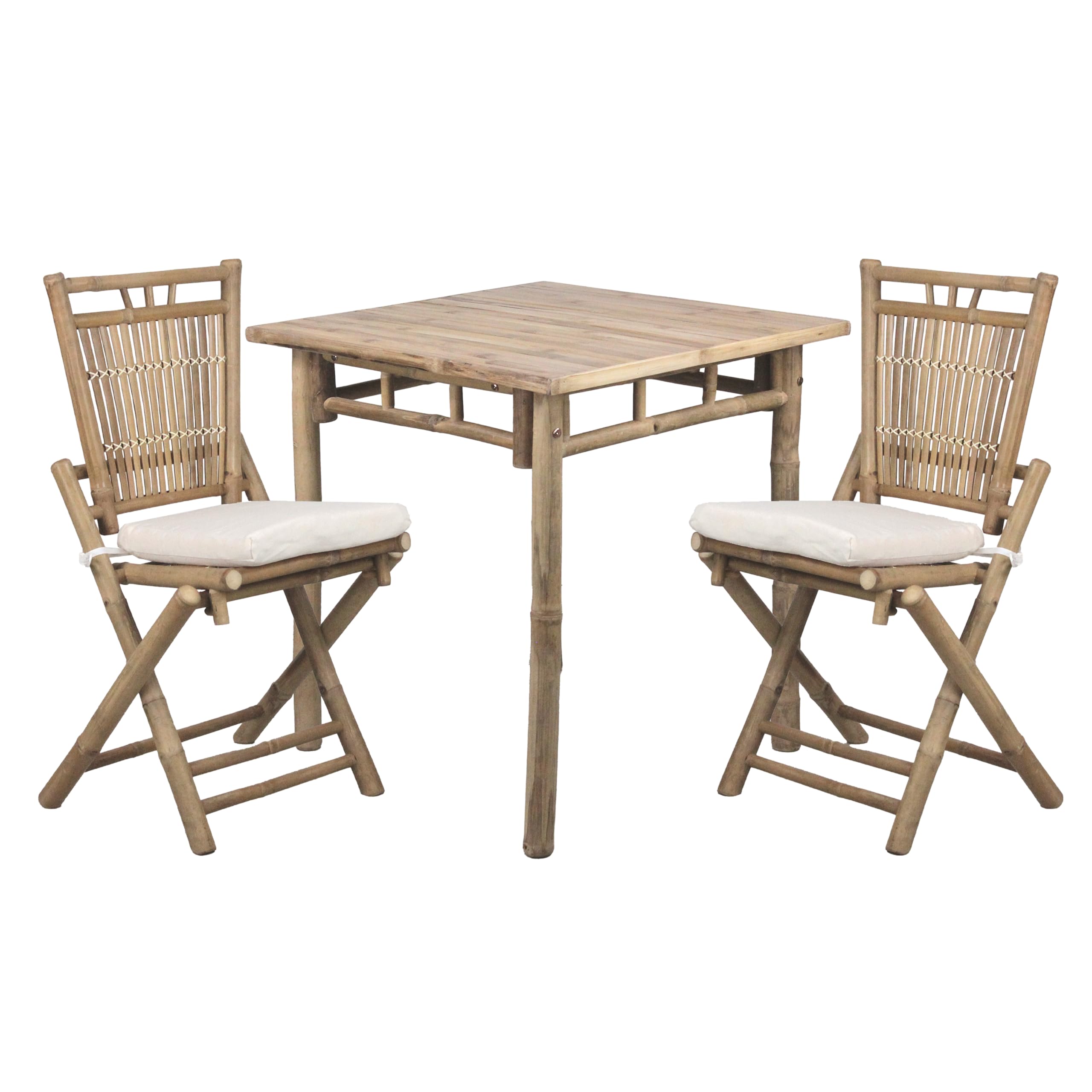 Brigros - Set Bistrot Tavolo Con 2 Sedie Esterno In Legno Di Bamboo Con Cuscini, Set Giardino Esterno Bambù Ideale Come Tavolo E Sedie Da Balcone, Terrazzo O Set Giardino In Legno