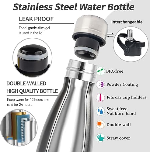 Miniatura 3 de Botella de agua aislada, paquete de 2 botellas de agua de acero inoxidable de 17 onzas con tapa con popote, botellas de agua deportivas de metal