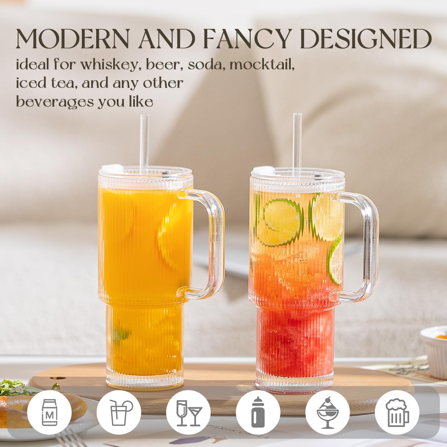 KEMORELA 26oz Ribbed Glass Tumbler with Handle & Lid, 2-Pack Clear large Iced Coffee Cups with Straws, Spill proof Glass Mug for Cold & Hot Beverages, Travel Cup for Smoothies, Tea, and Juice