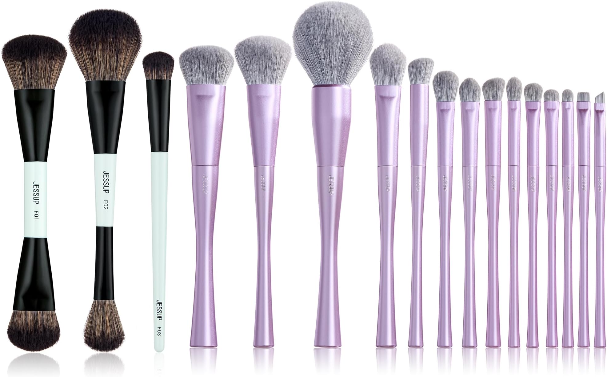 Face Makeup Brushes 3pcs Double Ended Makeup Brush Set T503 and Jessup 14pcs Vegan Makeup Brushes Set T512