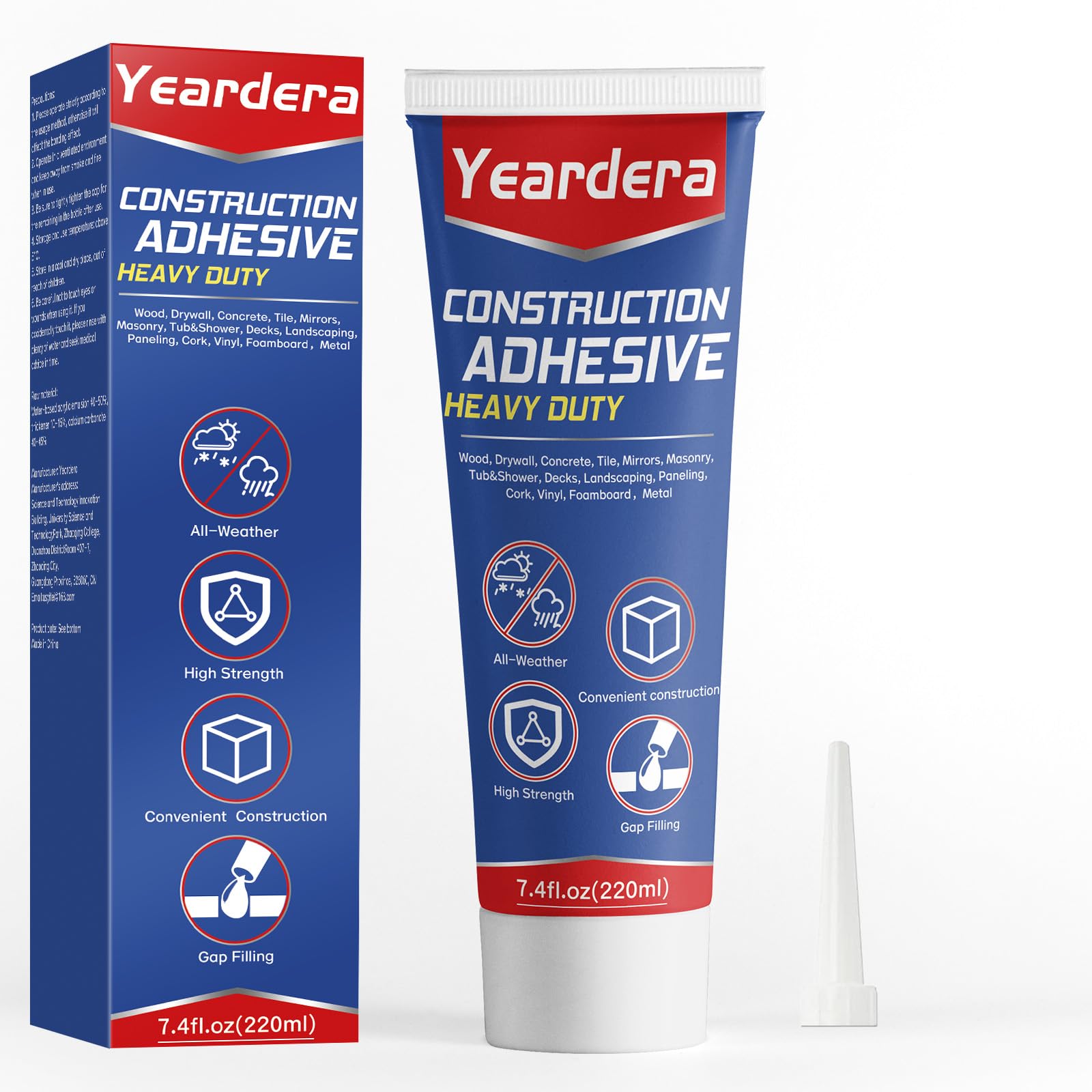 Yeardera Heavy Duty Construction Adhesive, 7.4 Ounce Cement Glue Squeeze Tube, Versatile Construction Glue for Tile, Floor, Stone, Wood, Wall & More,