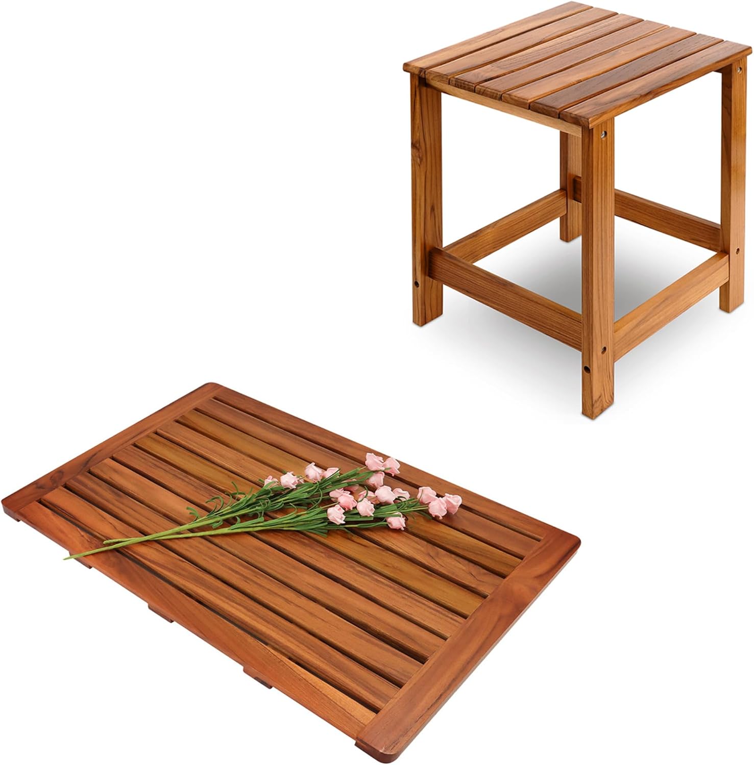 Utoplike (32"x18" Teak Wood Bath Mat and Teak Outdoor Side Table Home & Kitchen