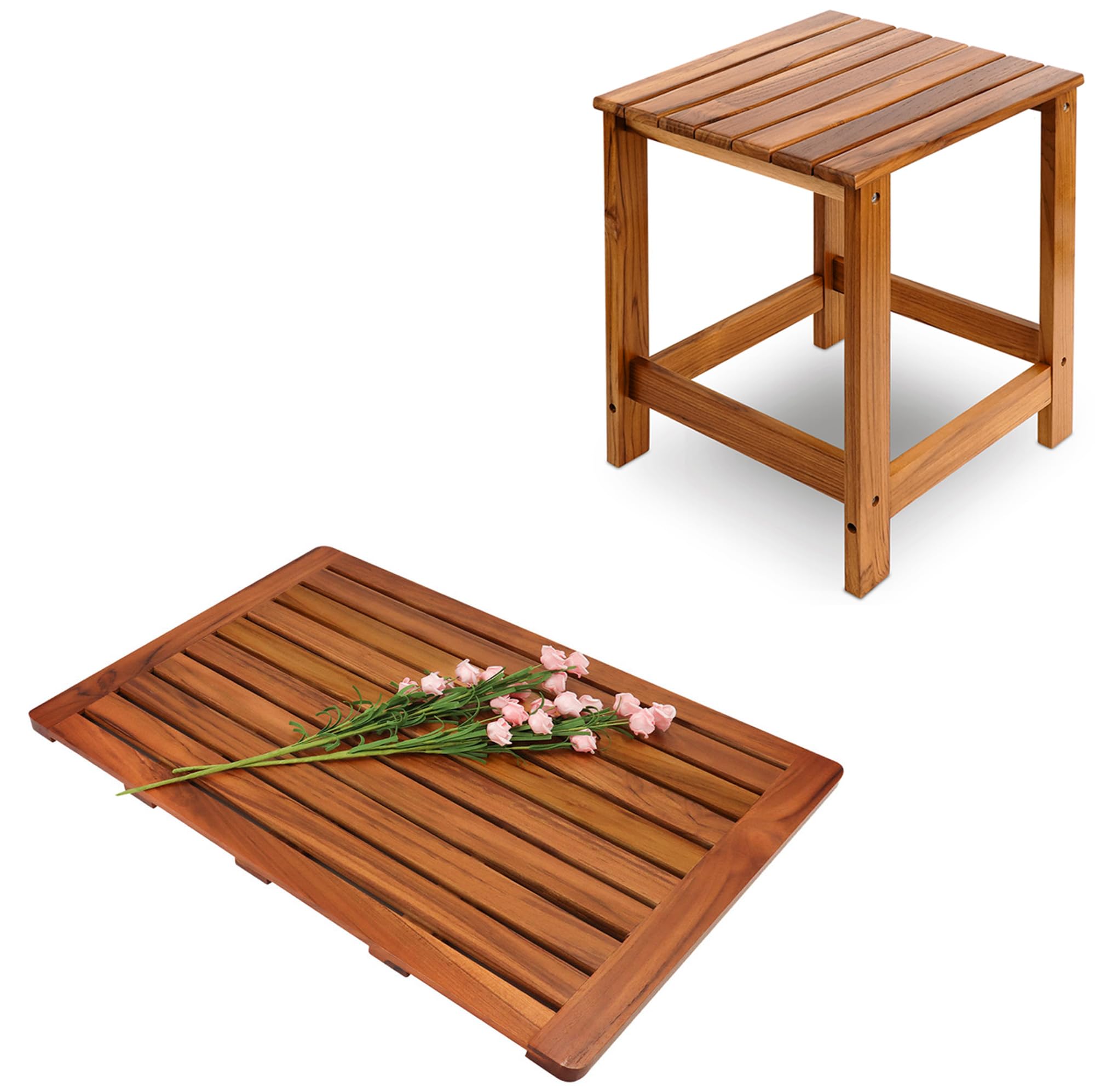 Utoplike(32"x18" Teak Wood Bath Mat and Teak Outdoor Side Table