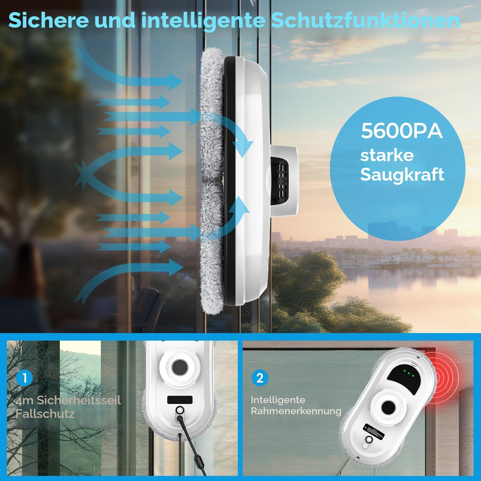 Fensterputzroboter, 5600 Pa Fensterreiniger Elektrisch Automatischer Sprinkler, 3 Reinigungsmodi, Intelligente Navigation und Randerkennung, Sicherheitssystem, Fernbedienung und 10 Tüchern