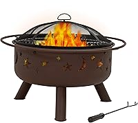 Sunnydaze Cosmic 30-Inch Outdoor Fire Pit with Grill Grate, Spark Screen & Poker - Wood Burning Steel Patio Fireplace
