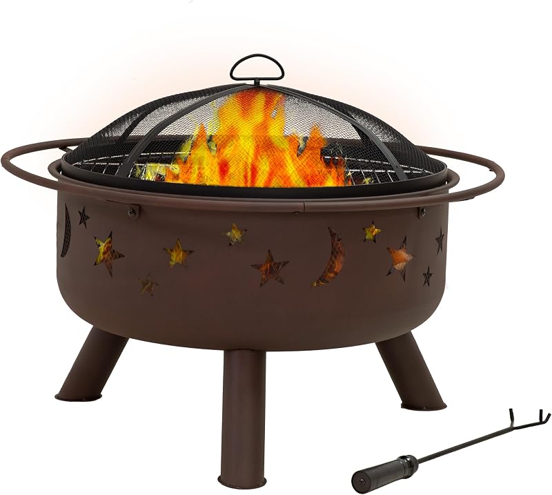 Sunnydaze Cosmic 30" Fire Pit with Cooking Grate for Outside, Wood Burning | Bronze, Heavy Duty Steel Metal, Includes Spark Screen & Poker, Round Outside Firepit for Patio, Deck, Backyard BBQ, Bonfire