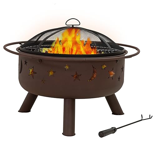 Sunnydaze Cosmic 30-Inch Patio Fire Pit for Outside - Outdoor Wood-Burning Fire Pit with Grill Grate, Spark Screen, and Fireplace Poker