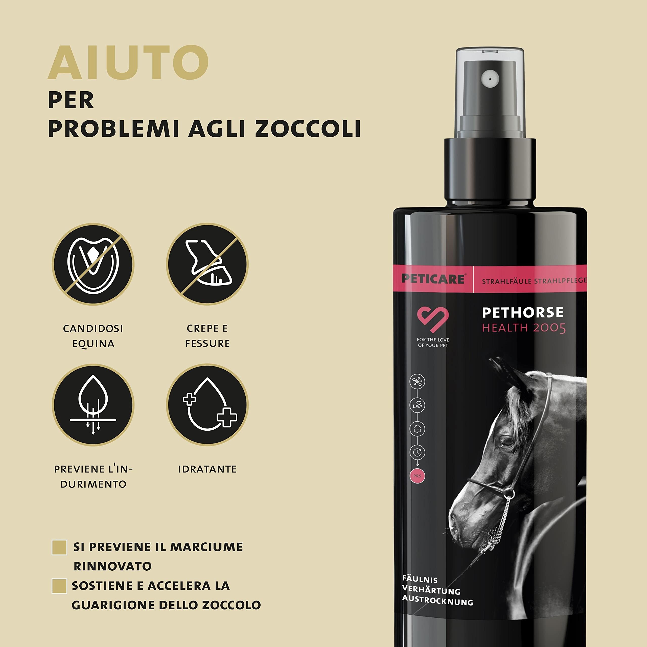 Peticare Cavallo Lozione Contro la Candidosi Equina - Trattamento Curativo per Cavalli, Combatte Il Marciume ed Mughetto nello Zoccolo - petHorse Health 2005
