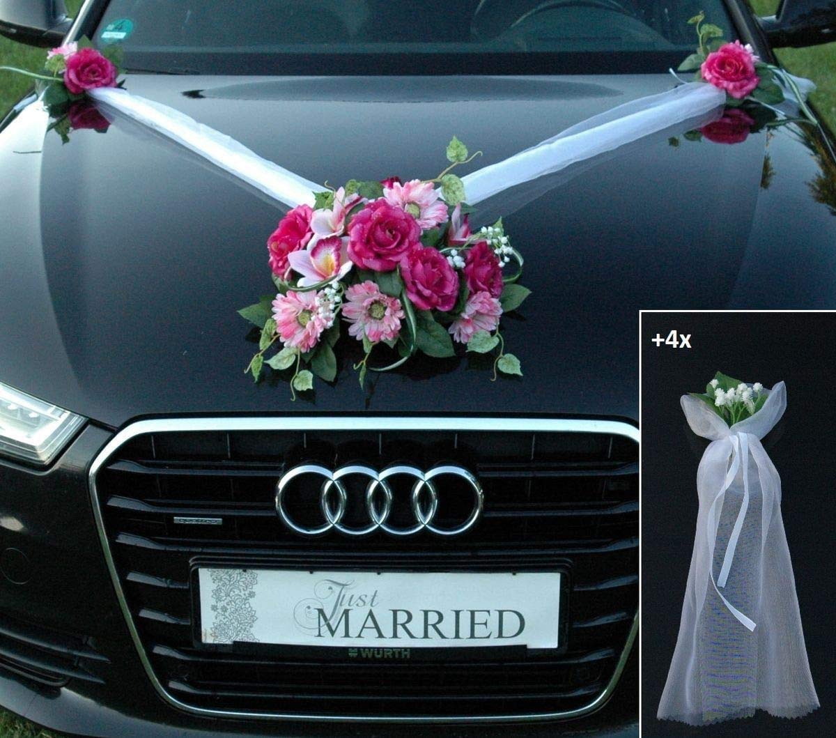Autoschmuck Spitze STRAUß Auto Schmuck Braut Paar Rose Deko Dekoration Hochzeit Car Auto Wedding Deko PKW (SS GER Pink)