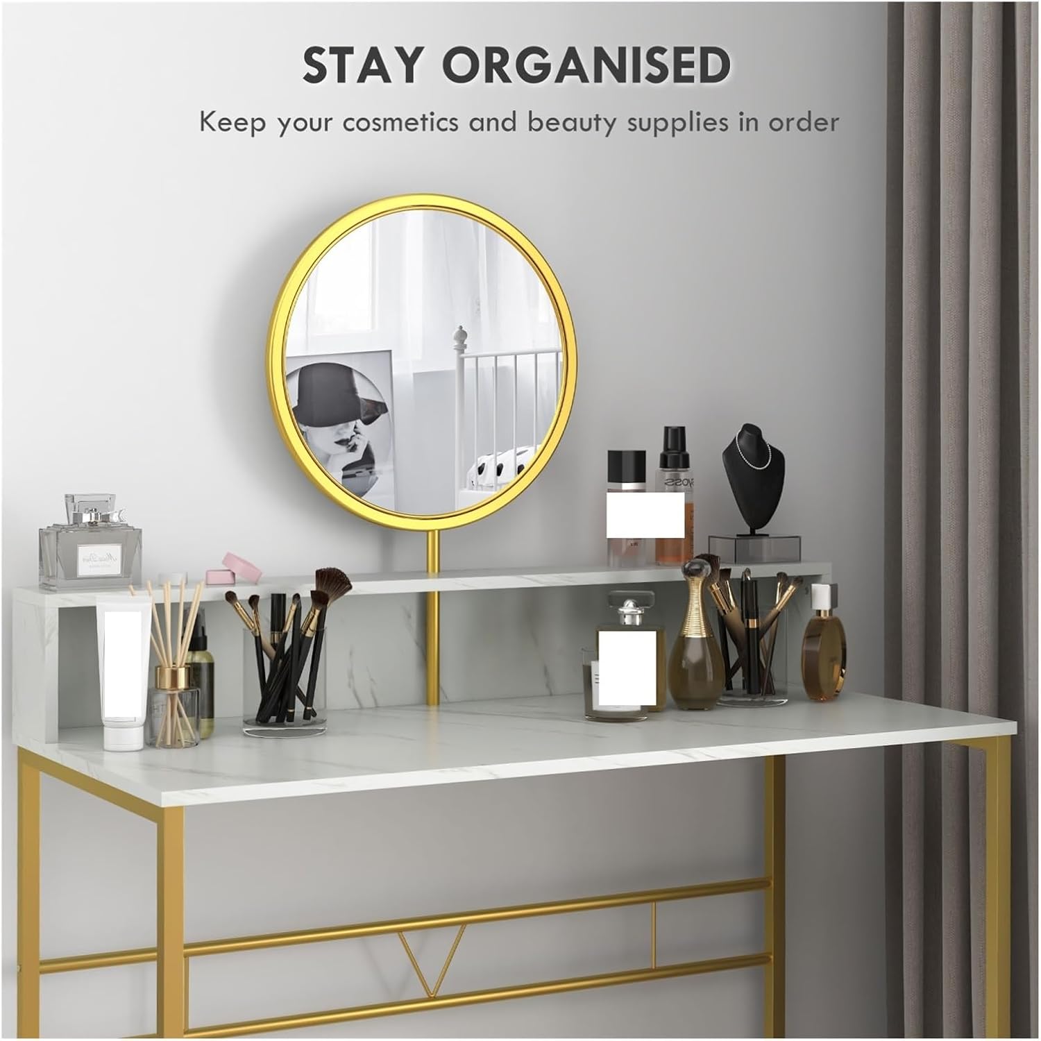 Modern Vanity Makeup Desk with Mirror, Dressing Table Open Storage, Faux Marble Finish and Steel Frame for Bedroom, White Gold Gift Women