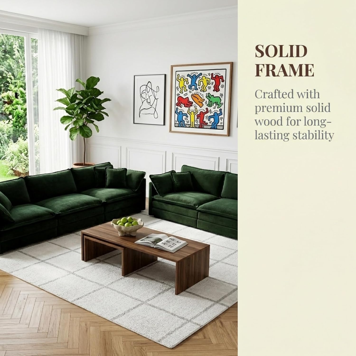 2 Pieces Chenille Living Room Sofa Set, Sectional Deep Seat 3 Seater Sofa Couch and Loveseat Sets, Modern Upholstered Living Room Sofa Set with Solid Wood Frame for Bedroom, Apartment, Green