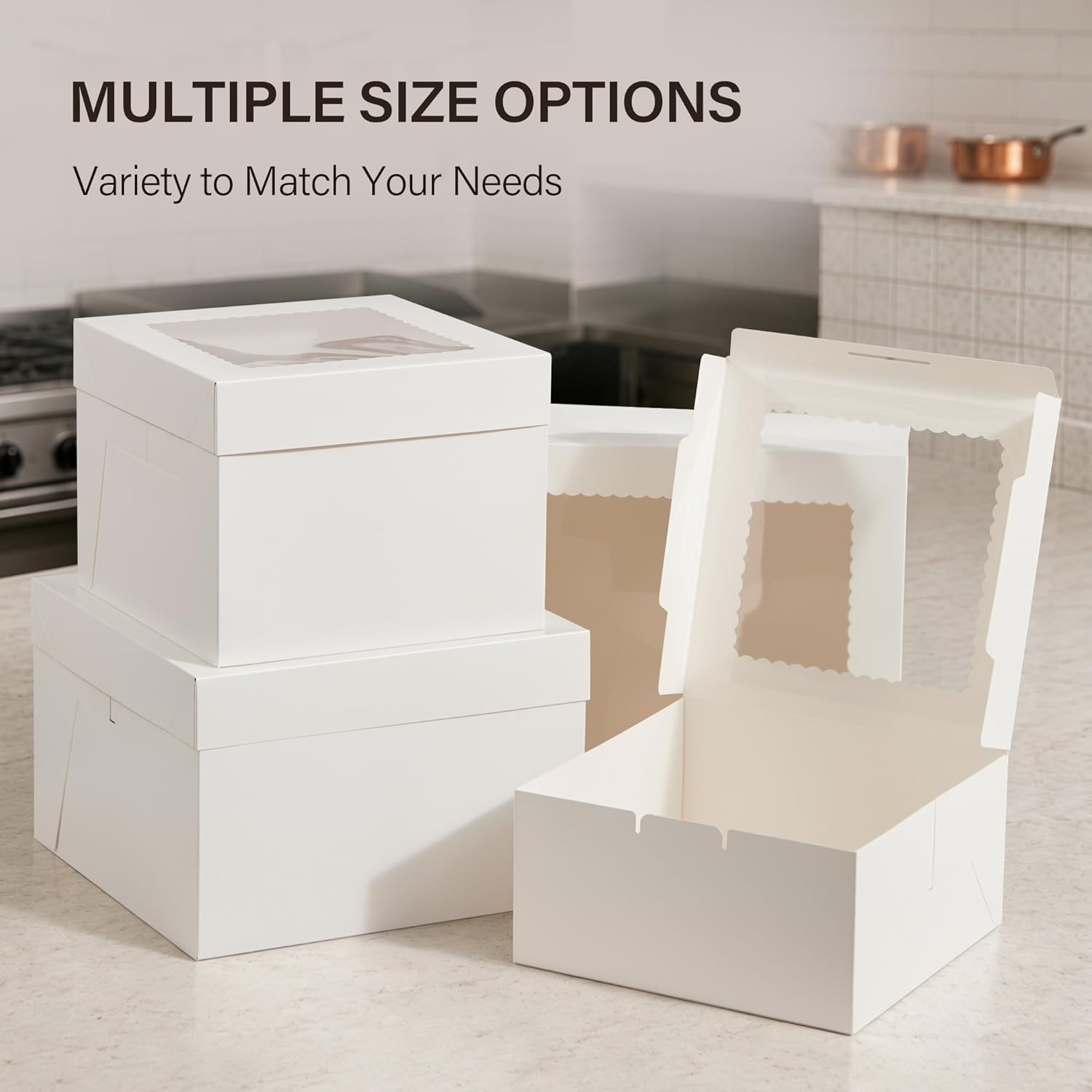 Kootek 15PCs Cake Boxes 10 inch, Disposable Cake Carrier Storage Containers | 10x10x5 inches Cake Box, Stickers Included, White Cake Carrier Holder with Large Window, for Birthday, Wedding, Party
