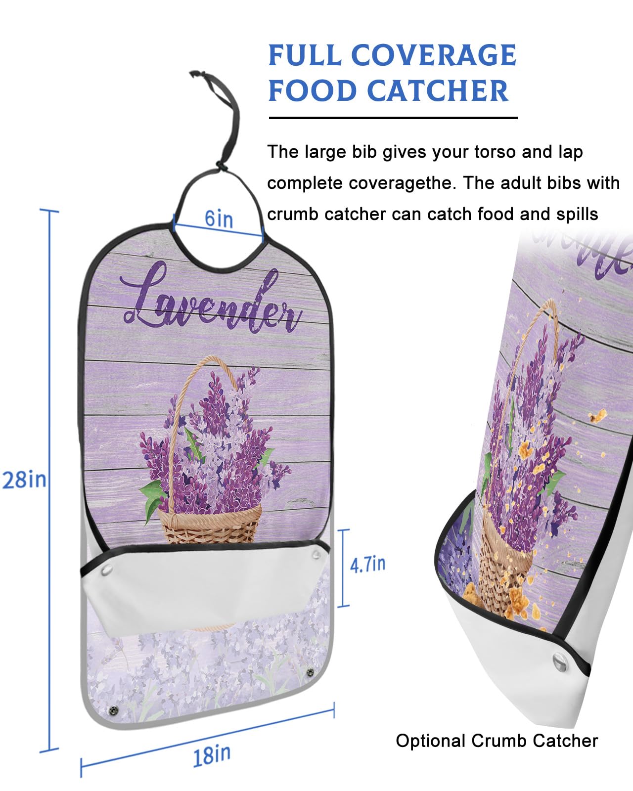Kewadony Adult Bibs for Elderly Women - Lavender Basket Waterproof Dining Clothing Protectors with Crumb Catcher for Eating/Feeding, Spring Purple Florals on Vintage Wood Terry Cloth Bib Washable