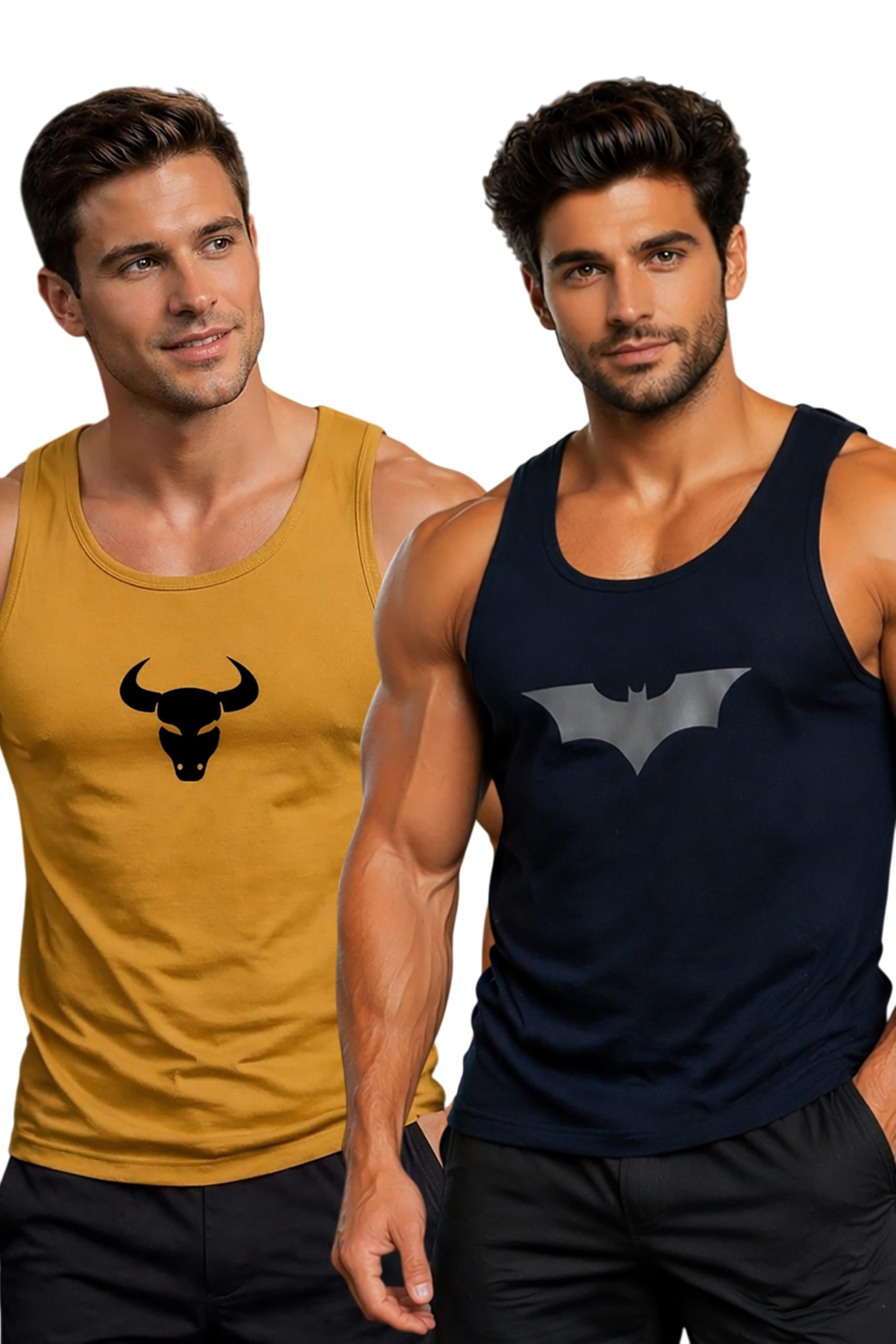 Polyester Letter Printed Vest for Men - Pack of 2 - Navy Blue & Mustard | Round Neck | Sleeveless | Regular Fit | Summer & Gym Wear Tank Top for Men-image-48