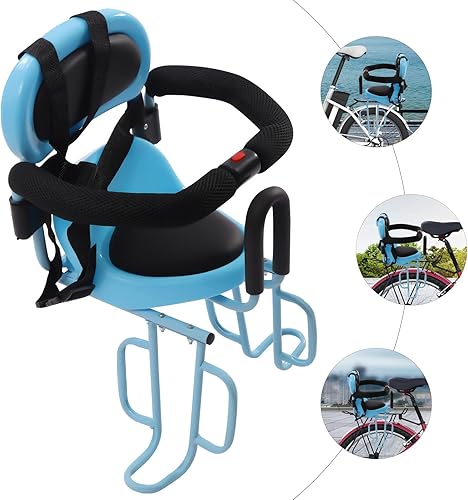 Miniatura 2 de Asiento de bicicleta infantil montado en la parte delantera, asiento acolchado negro grueso con pedales de piepasamanos, asiento delantero universal