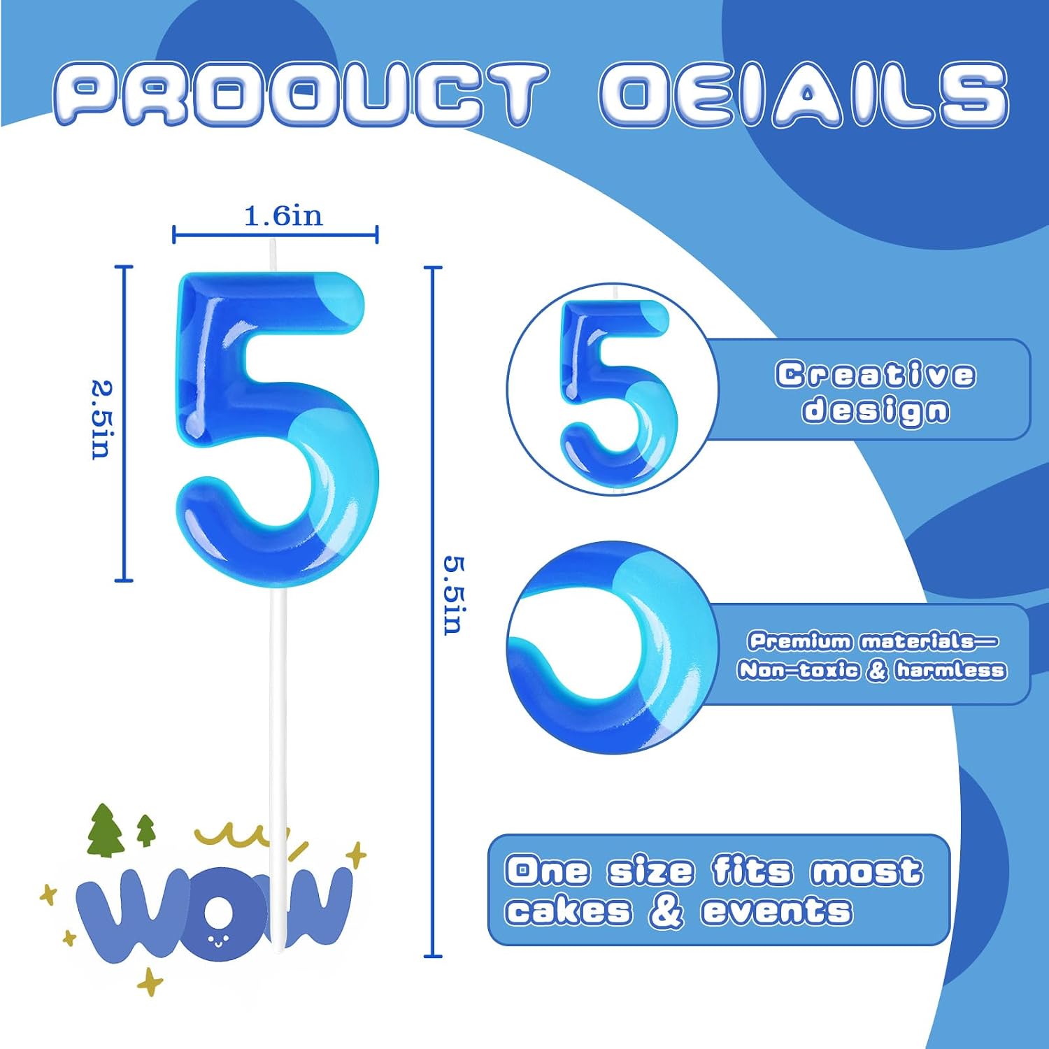 Cartoon Blue Birthday Candle, Number Candles for Cake Topper, Birthday Decoration, Cartoon Party Supplies (Blue, Number 5)