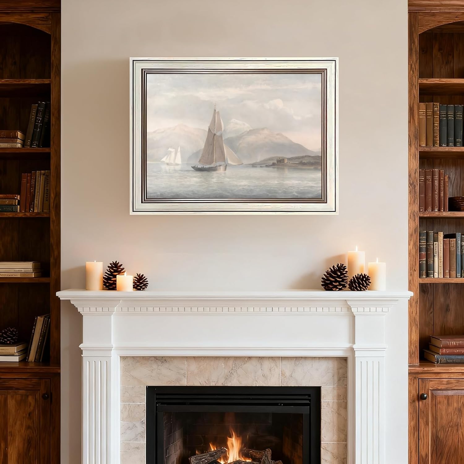 Balsuka Large Framed Wall Art Sailing Boat Sea Landscape Poster Canvas Print Vintage Modern Aesthetics Painting Pictures Coastal Ocean Wall Decor for Living Room Bedroom Office 24x36inch White Frame