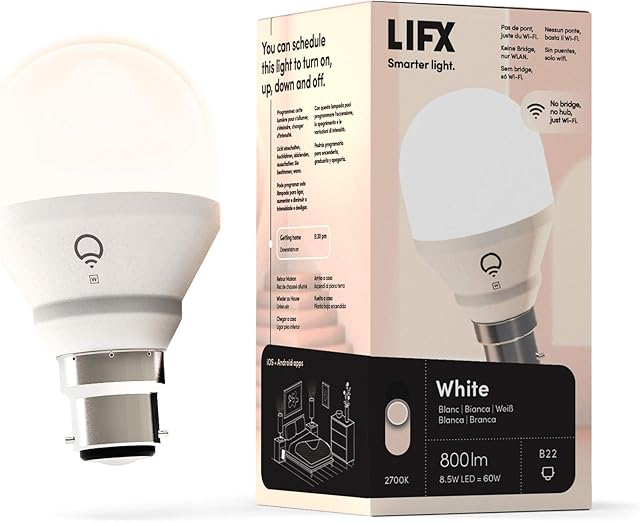 LIFX White [B22 Bayonet Cap], 800 Lumens, Wi-Fi Smart LED Light Bulb, Warm White, Dimmable, No bridge required, Compatible with Alexa, Hey Google, Apple HomeKit