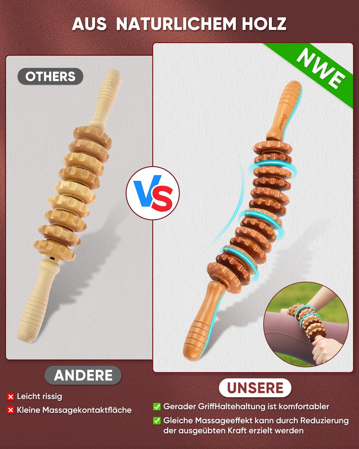 Neues Design Faszienrolle Holz Massagegerät, Faszienstab Roller Wood, Massageroller Mit Griff, Massage Holz Anti Cellulite Massagegerät, für Maderotherapie und Lymphdrainage 42.2cm 350g Buche