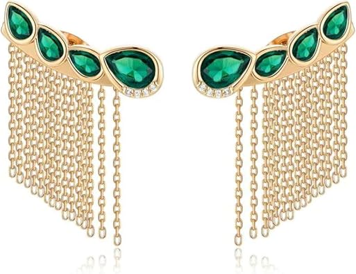 Ettika Crystal Earrings, Teardrop Crystal Three-In-One 18k Gold Plated Ear Crawler. Emerald Green, Crystal Earrings for Women