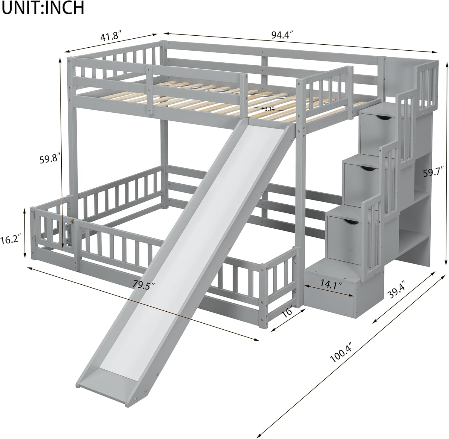 Twin Over Full Bunk Beds with Slide and Stairs, Low Bunk Bed Frame with Rails, Convertible Wood Bunk Bed with Storage Staircase for Kids Boys Girls, Gray