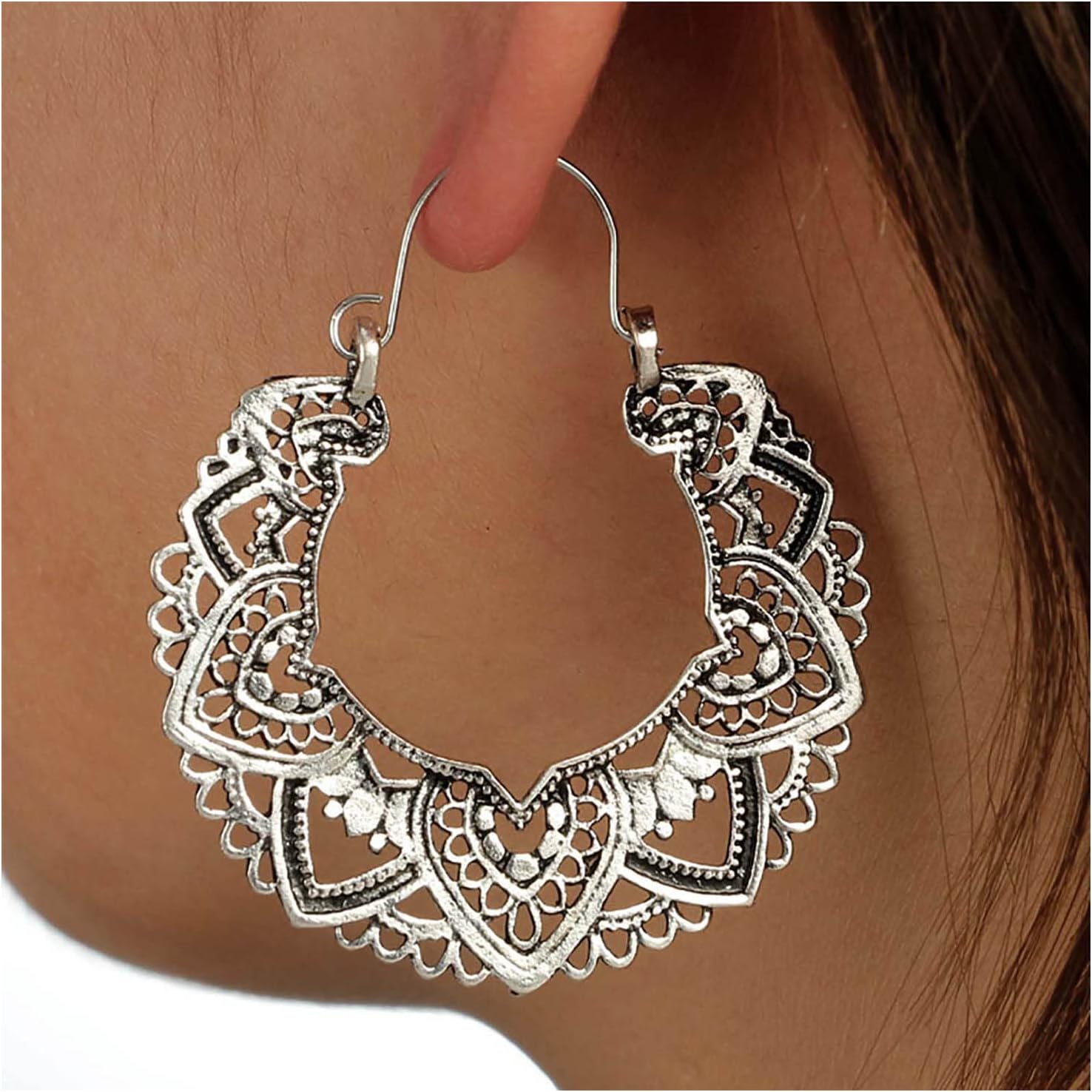 Gypsy Mandala Flower Earrings Earrings Retro Metal Hollow Earrings Silver Vintage Ethnic Earrings Boho Heart Circle Dangle Hoop Earrings Jewelry for Women and Girls Gifts