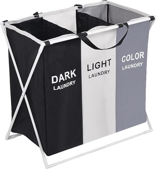 Rainberg® Collapsible Laundry Basket with Aluminum Bracket and Handle, Foldable and Washable Large Washing Basket with 3 Compartment