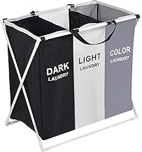Rainberg collapsible laundry basket with aluminum bracket and handle, foldable and washable large washing basket with 3 compartment