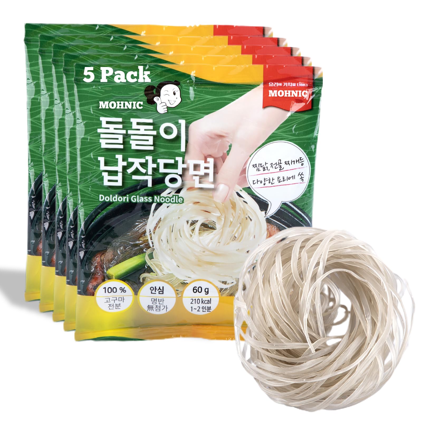 MOHNIC Wide Sweet Potato Glass Noodles | 5 Pack x 2.12 oz each | Korean Food Perfect for Stir Fry, Korean Noodles Japchae, and More | Substitute for Vermicelli, Rice Noodles, Pasta | 당면, 잡채