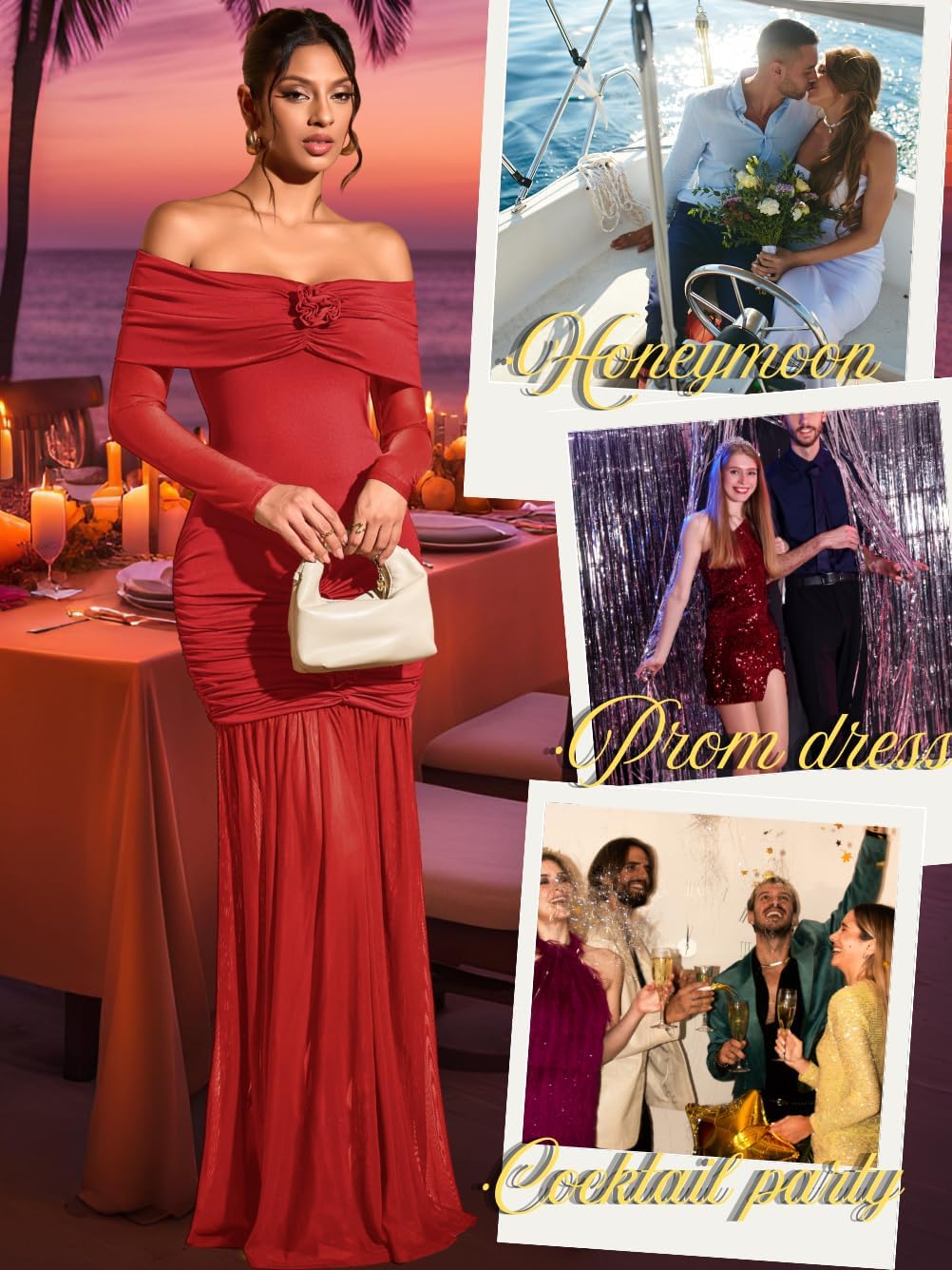 Off The Shoulder Maxi Dress,3D Flower Mermaid Ruched Dresses for Women,Elegant Formal Cocktail Holiday Gowns - Image 2