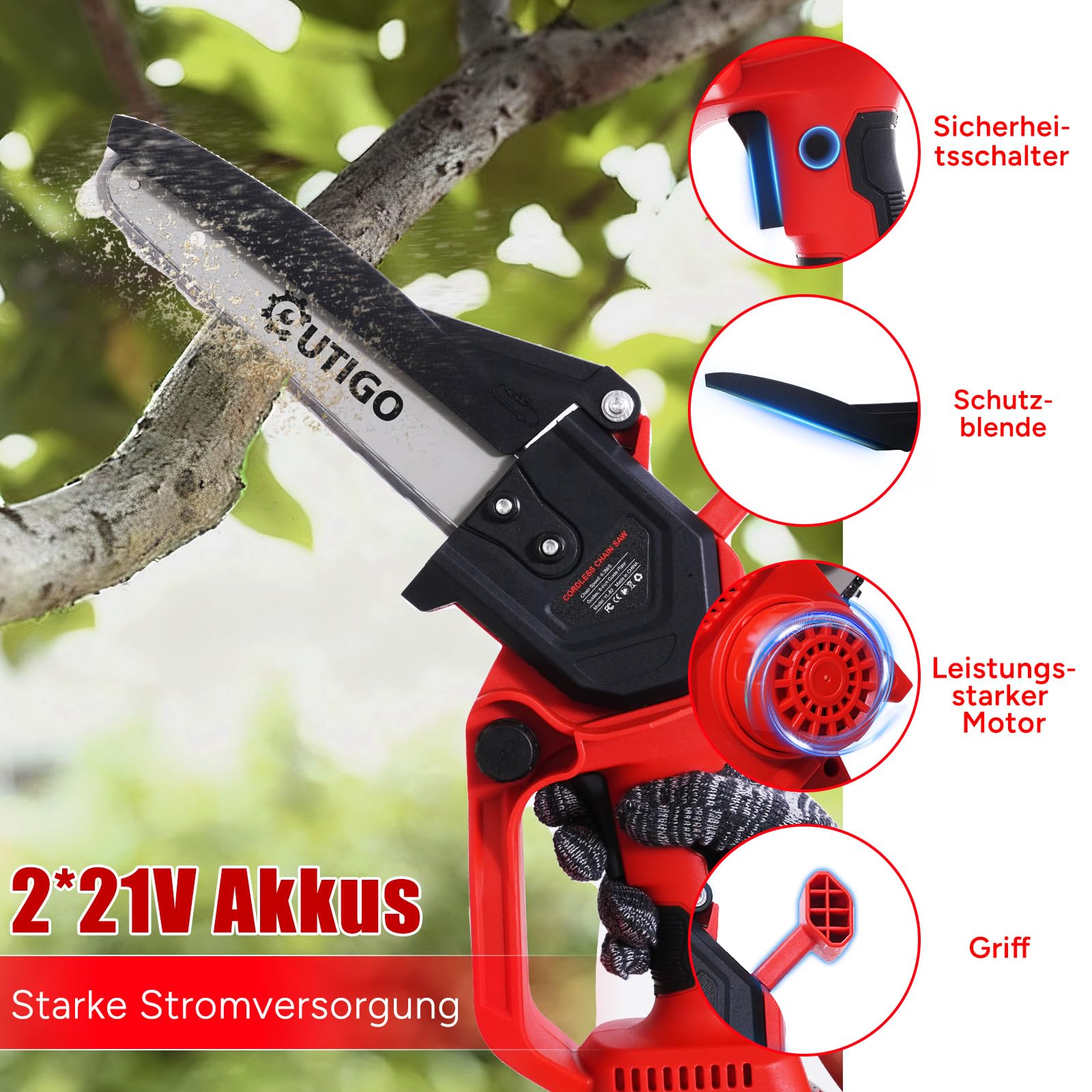 OUTIGO Akku Kettensäge 8 Zoll, Bürstenloser Motor 800W, 2x 4000mAh Lithium-Ionen Akku, Handkettensäge für Baum- und Astschnitt, Gartensäge für Holzarbeiten (mit Ladegerät)