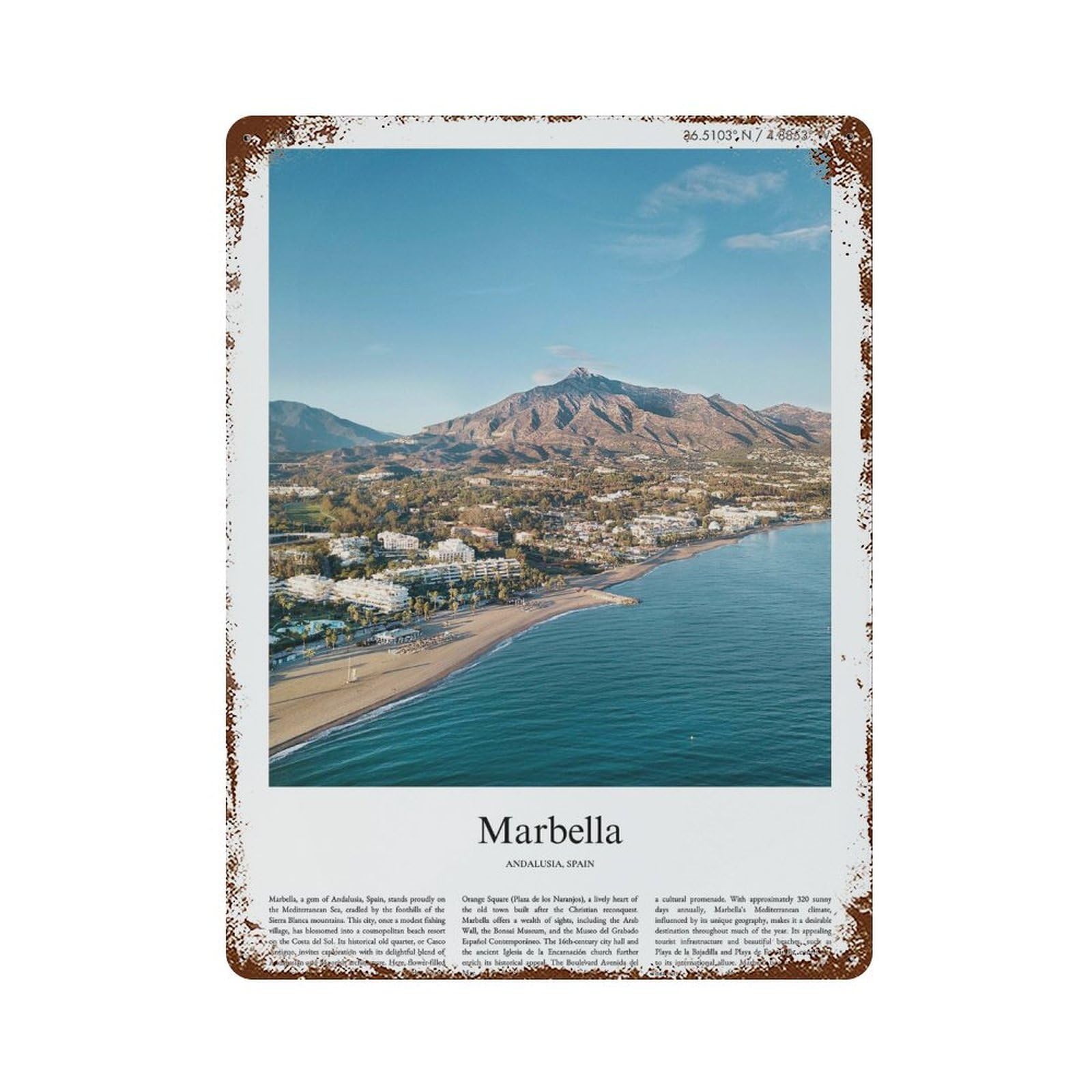 xiaoxiaoshen Marbella Andalusia, Spain City Scenery Wall Decor Art Metal Tin Poster Modern Home Decor Art Home Bar Shop Decorations Vintage Sign 40x30cm