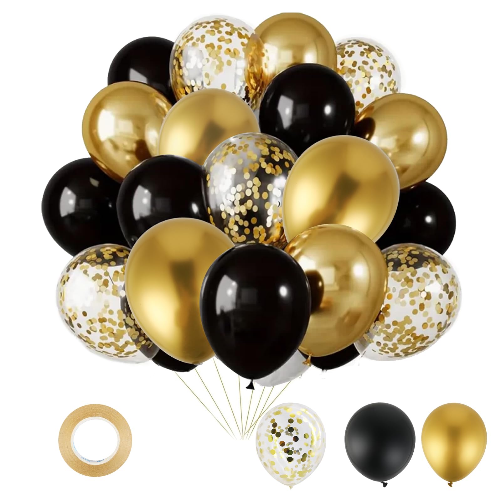 50 Luftballons Schwarz & Gold, 12 Zoll – Latexballons Schwarz, Gold Metallic & Konfetti, inkl. Band, Partydeko für Geburtstag, Hochzeit, Baby Shower