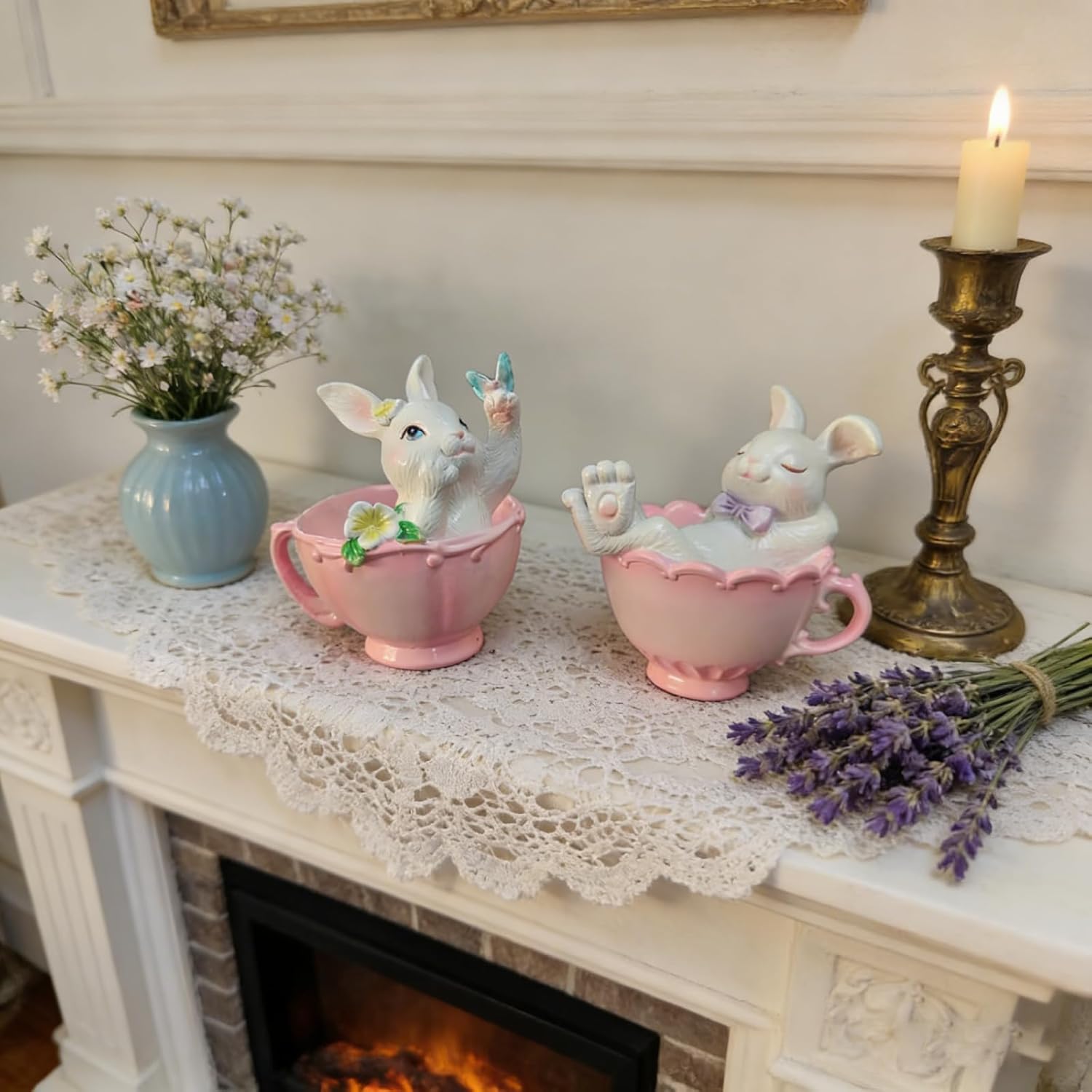 Cynkeyee Easter Decorations Bunny Figurine - 2 Pcs Cute Bunny in Pink Teacup Bunny for Table Decor Office Gift for Woman Easters Decorations for The Home 3.3x2.5x3.5IN - Image 7