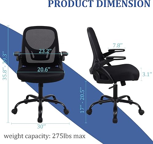 Miniatura 3 de Flysky Silla ergonómica de escritorio de oficina de malla, silla giratoria de altura ajustable con soporte lumbar y reposabrazos abatibles, color