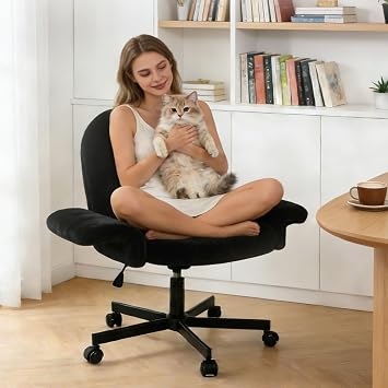 Criss Cross Chair with Flip Up Armrests, Comfy Makeup Vanity Chair with Back and Wheels, Velvet Cross Legged Office Chairs, Comfortable Adjustable Swivel Desk Chair for Home Office, Bedroom, Black