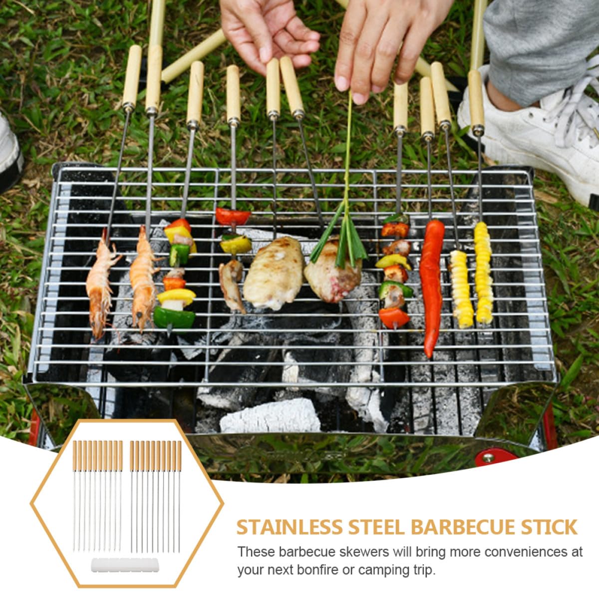 Brochetas de Barbacoa 21 Piezas de Acero Inoxidable Mango de Madera | Juego Completo, Fácil de Transportar y Guardar, para Hogueras y Fiestas Incluye Accesorio Maker