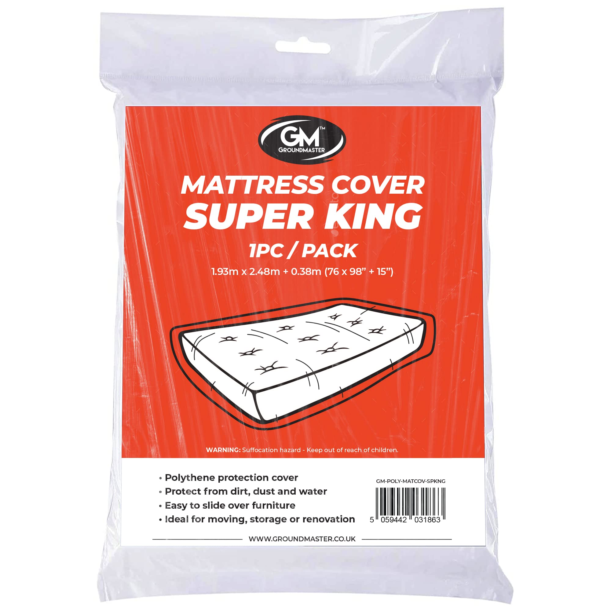 Groundmaster Polythene Plastic Mattress Cover | Heavy Duty Dust Sheet Removal Bag For Storage Moving Painting Decorating (Super King Mattress Cover)