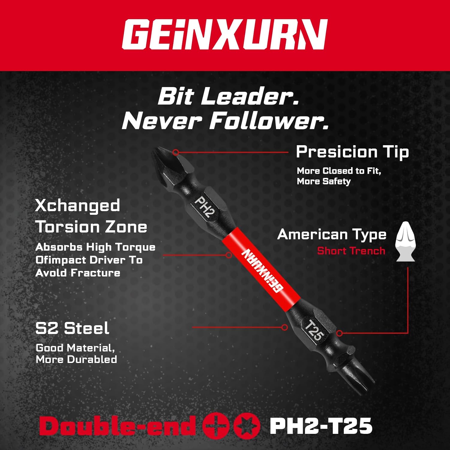 Geinxurn 10Pcs PH2-T25 Impact Double End Screwdriver Bit Set, 2.56 in. #2 Phillips /#25 Torx Power Driver Bits, Magnetic S2 Steel Two Sides Screwdriver Bits Set with Storage M-Box