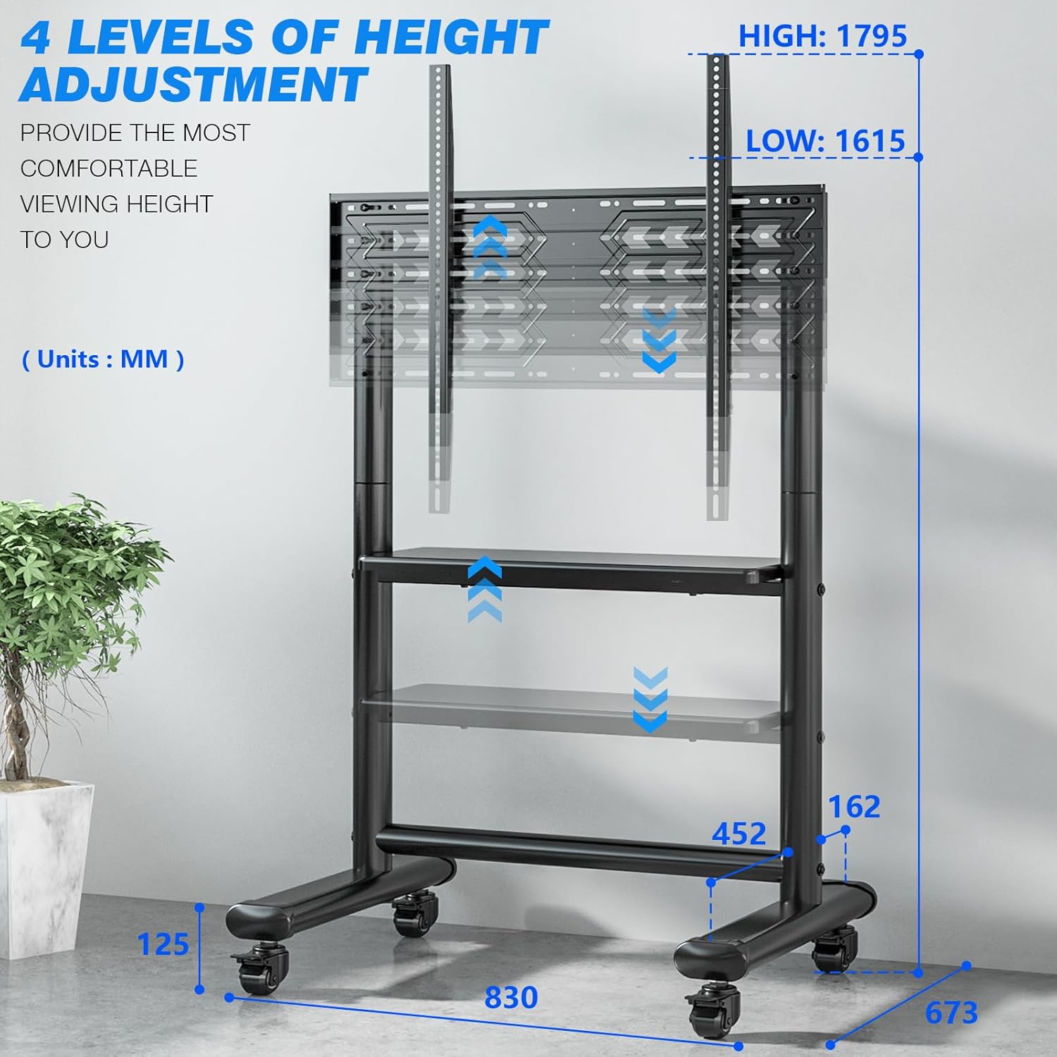 Diagram illustrating the 4 levels of height adjustment for the TV mount and 2 levels for the media shelf on the RFIVER TV stand
