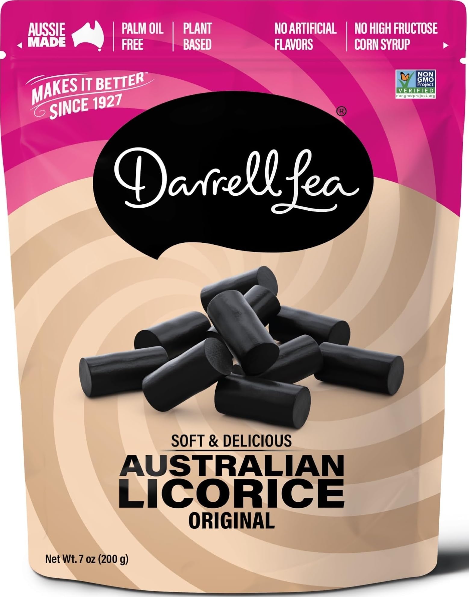 Darrell Lea Soft Australian Licorice, Non-GMO, No Palm Oil, Vegetarian Friendly, No High Fructose Corn Syrup, Soft & Chewy Licorice Candy, Made in Australia (Original Black, 7 Ounce (Pack of 1))