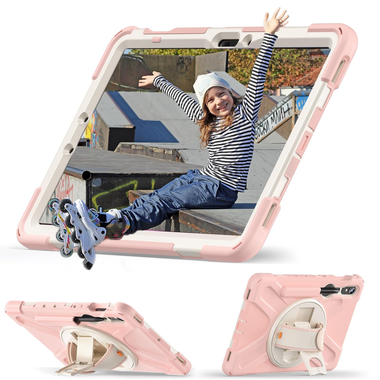 Kompatybilny z etui Samsung Galaxy Tab S9 FE SM-X510/SM-X516 11 cali uchwytem na długopis, wytrzymała, odporna wstrząsy obudowa chroniąca przed upadkiem, pasek ramię, pokrowiec ochronny(Pembe)