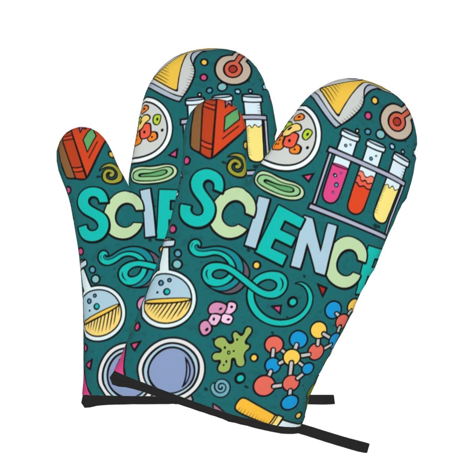 Oven Mitts Set of 2 Pcs, Cartoon Science Theme Prints Heat Resistant Kitchen Gloves for Cooking Baking Grilling