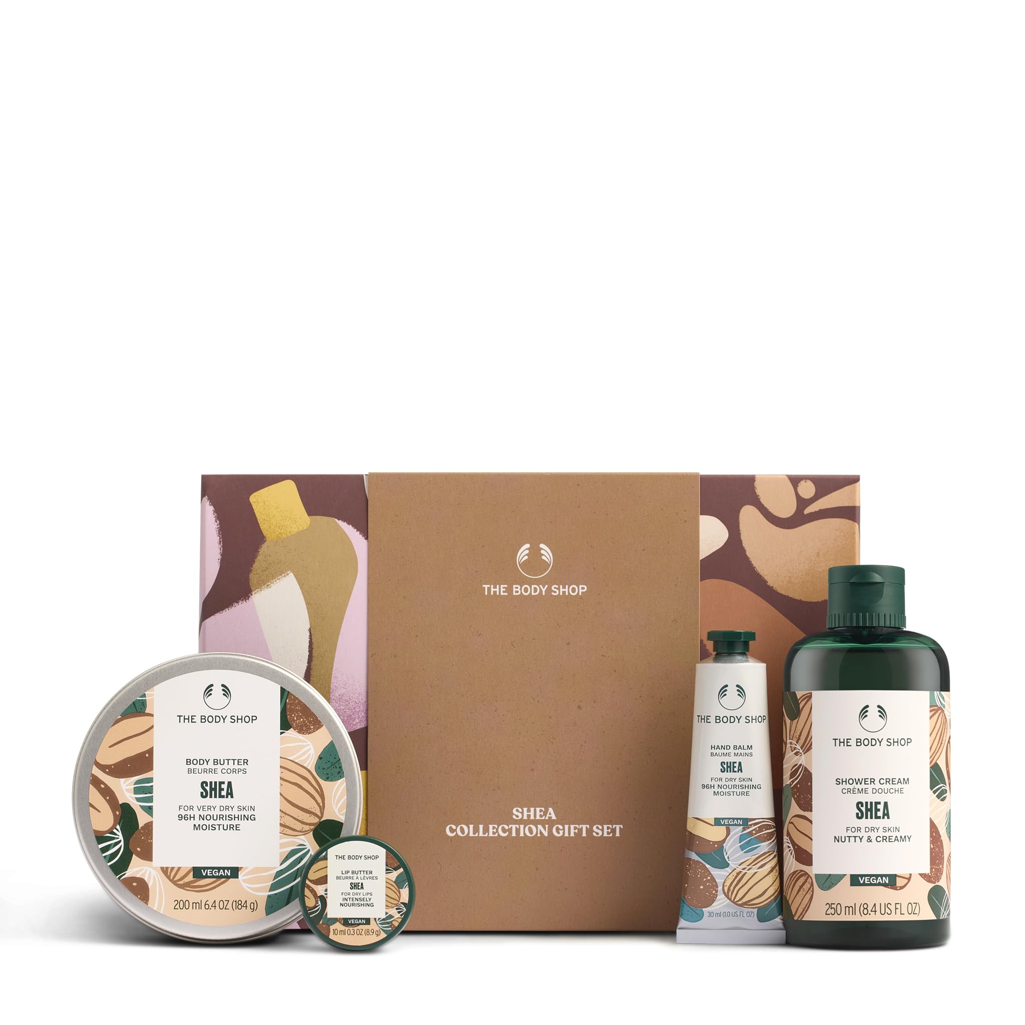 The Body Shop Juego de regalo de la colección de karité (crema de ducha de 250 ml + mantequilla corporal de 200 ml + mantequilla de labios de 10 ml + bálsamo de manos de 30 ml), colección nutritiva de