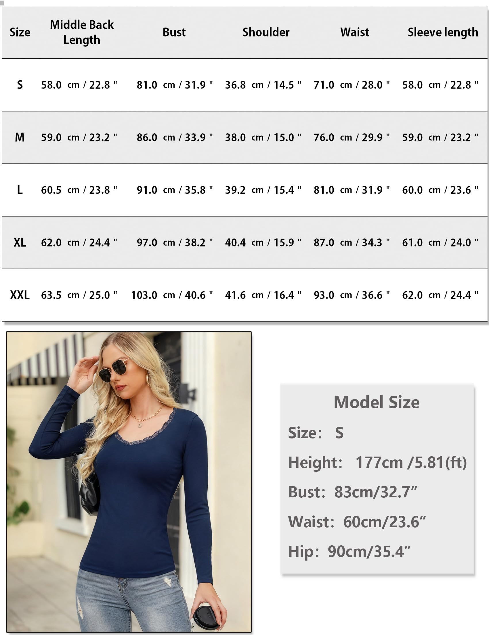 Haut Thermique Femme Col V sous Vetement Thermique à Manches Longues Tee Shirt Thermique en Dentelle Léger Basic T-Shirt Top Slim Fit pour Hiver Automne