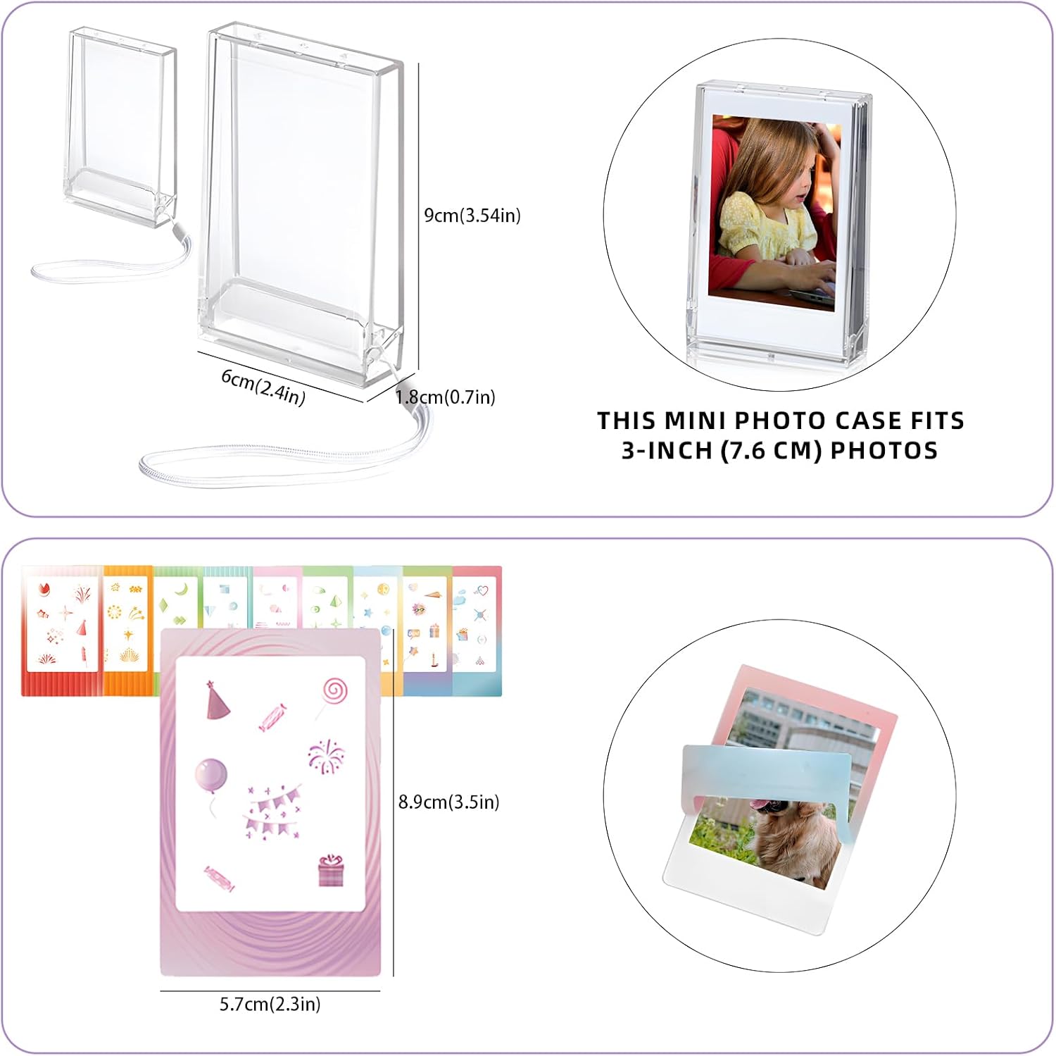 2 Pack 2x3 Mini Photo Case, Picture Holder Storage Box Fits for 3 inch Photo Organizer, Clear Small Film Holder with 5 Sheet Cute Sticker, Photo Protective Case with Wrist Lanyard for Travel image 2