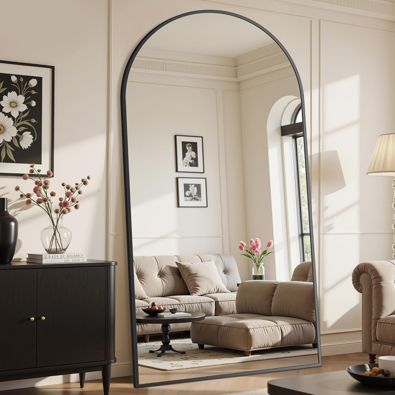 Suidia 90"x46" Arched Full Length Mirror with Stand, Full Body Mirror with Aluminum Frame, Freestanding/Leaning/Wall-Mounted, Floor Mirrors for Bedroom, Living Room, Entryway, Dressing Room, Black