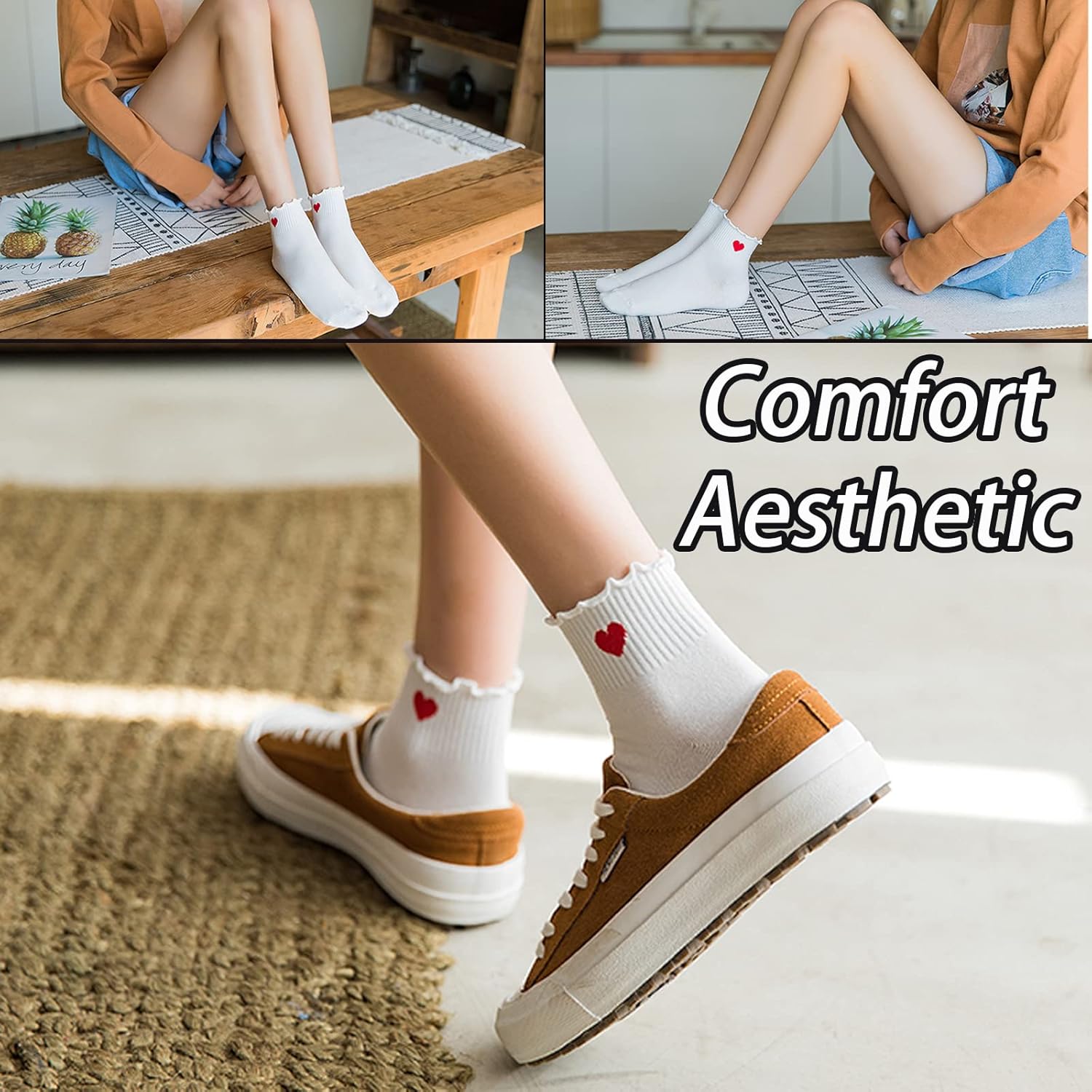 CHUNFO Cute Heart White Red Ankle Women Socks Frilly Fun Bear Pattern Long Crew Novelty Aesthetic Girls Sock 4 & More Pairs - Image 2